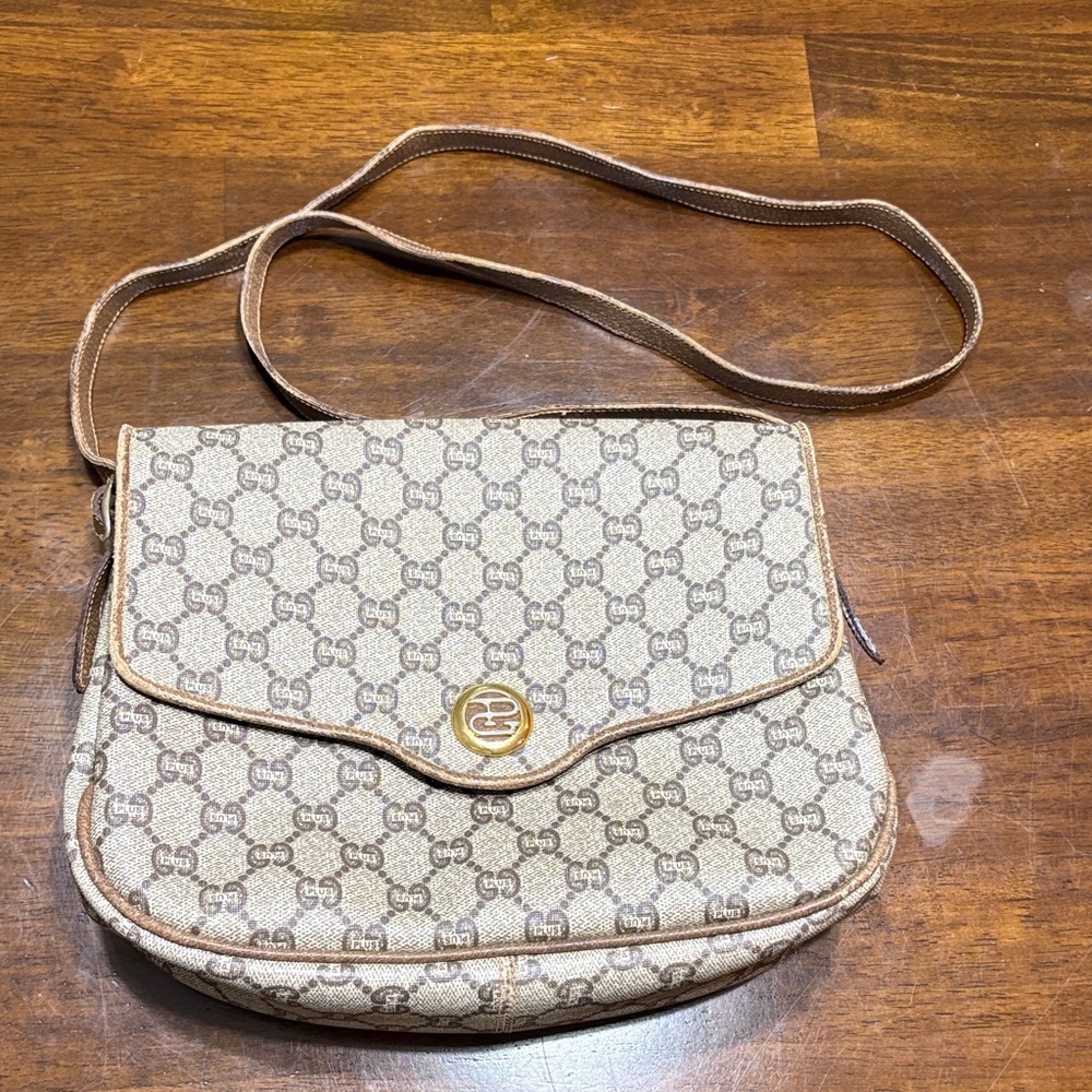 Gucci Beige and Brown Monogram Crossbody Bag- vintage- Priced to sell!